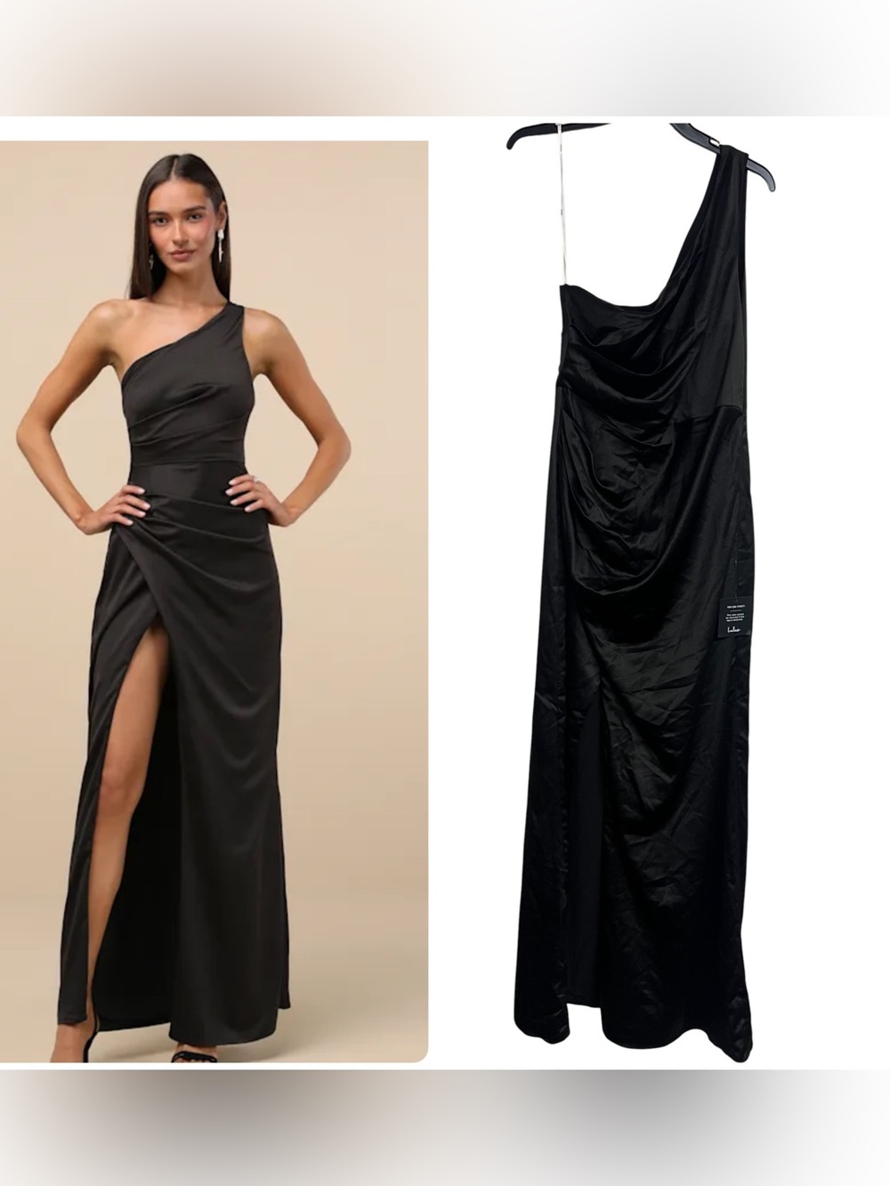 New Lulus Dreaming Of Elegance Black Satin One-Shoulder Draped‎ Maxi Gown Dress